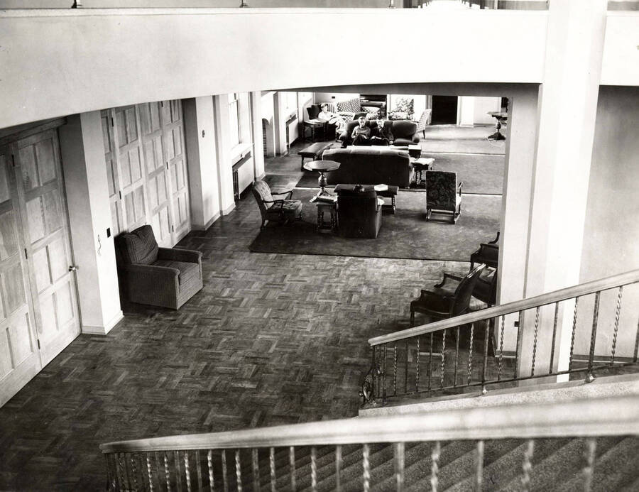 1937 photograph of Willis Sweet Hall. View of both the entrance and lounge. [PG1_075-10]