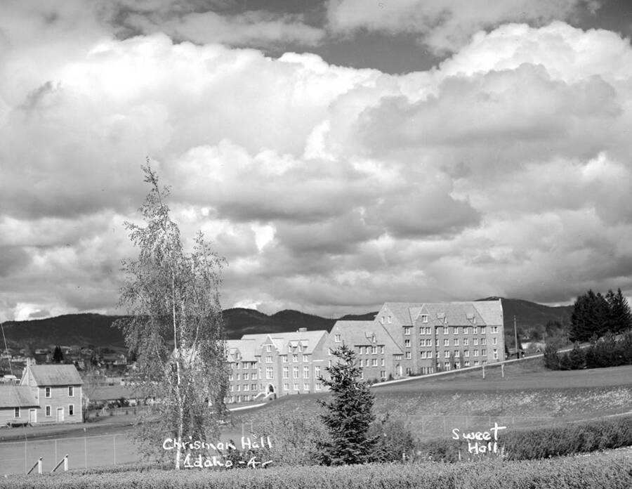 1955 photograph of Chrisman Hall. View of Moscow Mountain in the background. [PG1_076-10]