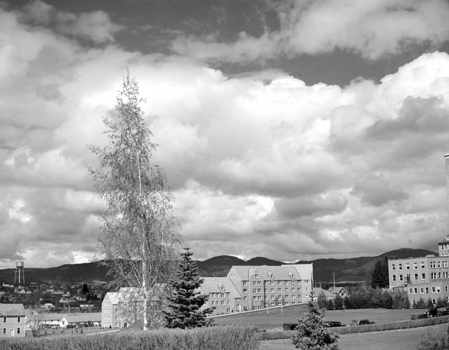 1955 photograph of Chrisman Hall. View of Moscow Mountain in the background.[PG1_076-11]