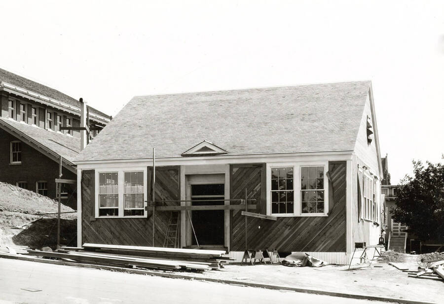 1935 photograph of University Classroom Building. View of construction debris. [PG1_082-2]