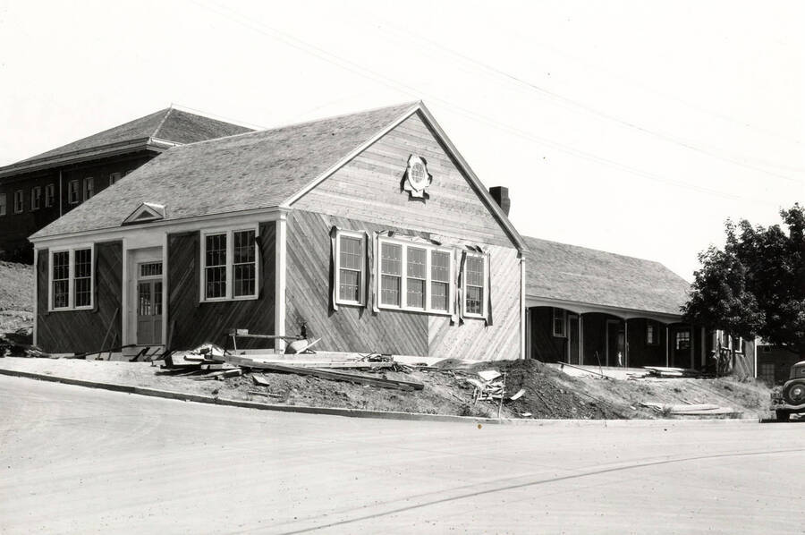 1935 photograph of University Classroom Building. View of construction debris. [PG1_082-3]