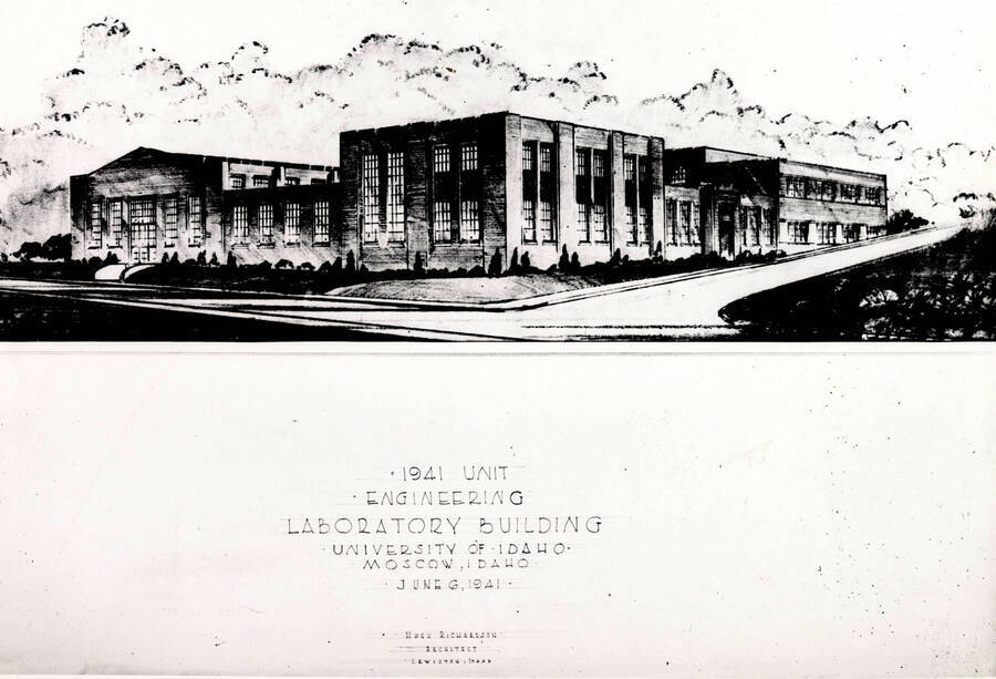 1942 photograph of Kirtley Engineering Laboratory. Architect's drawing. [PG1_084-01]
