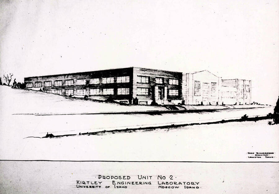 1949 photograph of Kirtley Engineering Laboratory. Architect's drawing. [PG1_084-06]