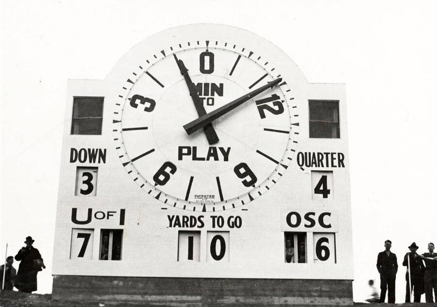 Neale Stadium, University of Idaho. Scoreboard: first game. [85-10]