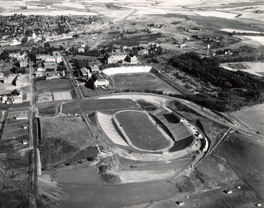 1937 photograph of Neale Stadium. Aerial view shows Neale Stadium and Campus with Moscow in the background. [PG1_085-03]