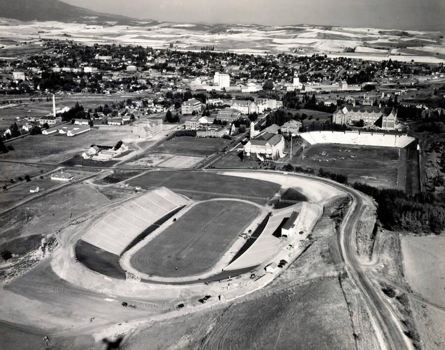 1937 photograph of Neale Stadium. Aerial view shows Neale Stadium and Campus with Moscow in the background. [PG1_085-04]
