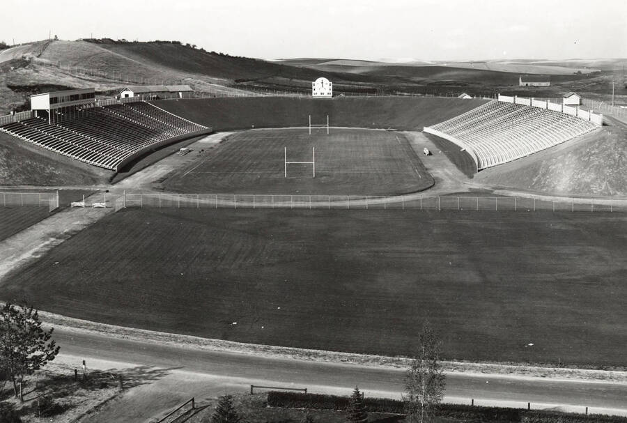 1938 photograph of Neale Stadium. View shows the score clock and the fields in the background. [PG1_085-06]