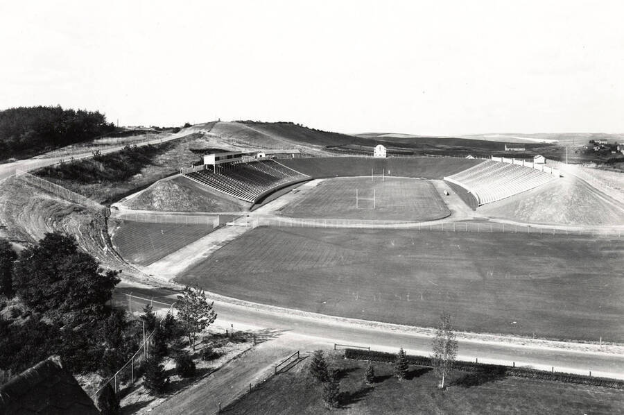 1938 photograph of Neale Stadium. View of the stadium from Rayburn Street. [PG1_085-07]