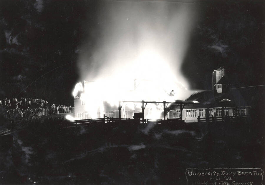 1932-04-21 photograph of Dairy Barn. View of the building on fire at night. Donor: Gerald Hodgins. [PG1_091-05b]