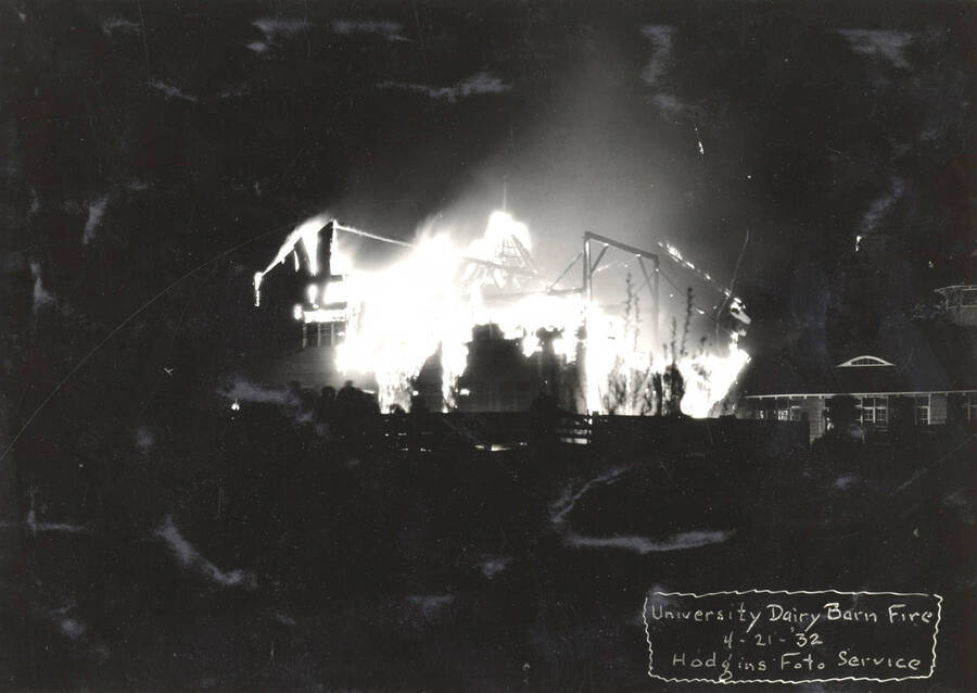 1932-04-21 photograph of Dairy Barn. View of the building on fire at night. Donor: Gerald Hodgins. [PG1_091-05]