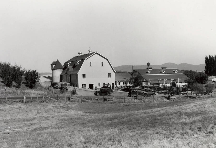 1933 photograph of Dairy Barn. View of automobiles parked around the barn. [PG1_091-07]