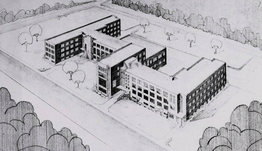 1950 illustration of Gault Hall. Architect's rendering. [PG1_095-06a]