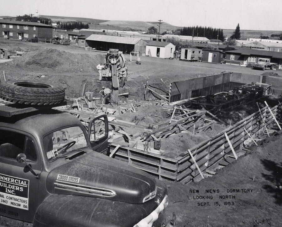 September 15, 1953 photograph of Gault Hall under construction. Truck in foreground. [PG1_095-09b]