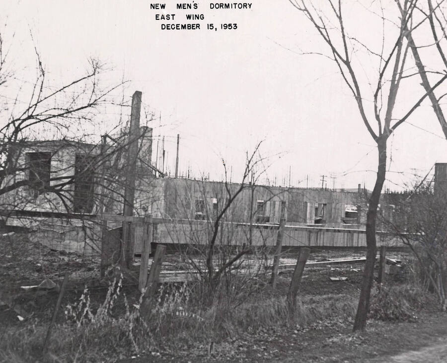December 15, 1953 photograph of Gault Hall under construction. Bare trees in the foreground. [PG1_095-12c]