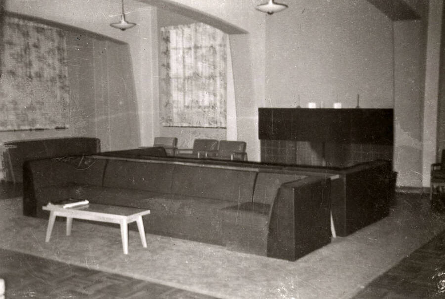1955 photograph of Gault Hall. Interior photo of lounge area. Donor: Maurice Johnson. [PG1_095-21a]