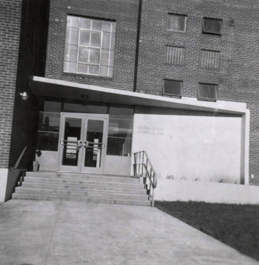 1956 photograph of Gault Hall. Entrance of the building. Donor: Maurice Johnson. [PG1_095-24a]