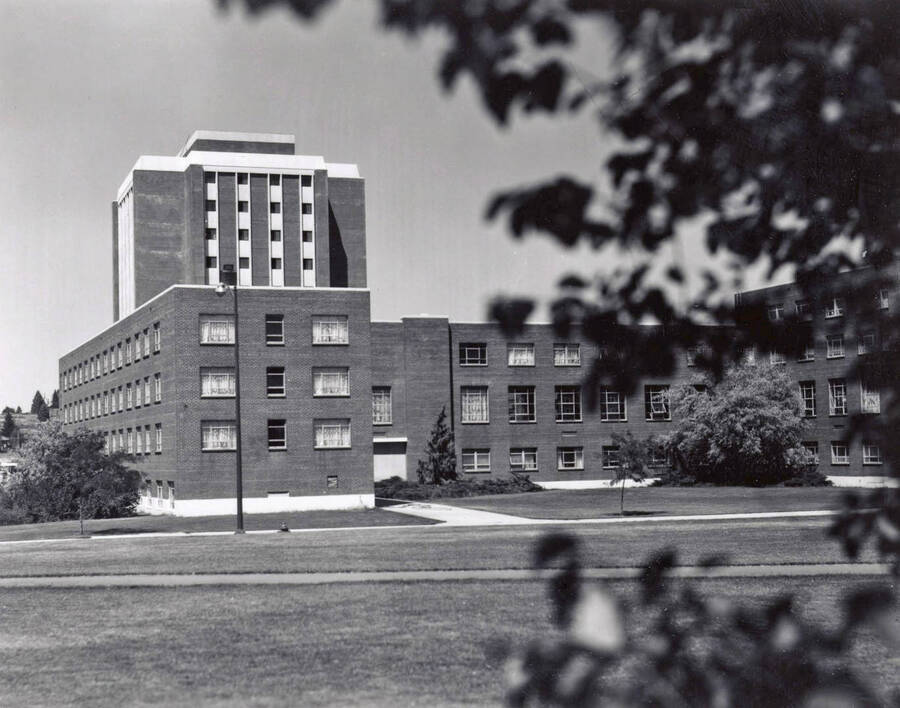 1970 photograph of Gault Hall. Theophilus Tower in background. [PG1_095-25]