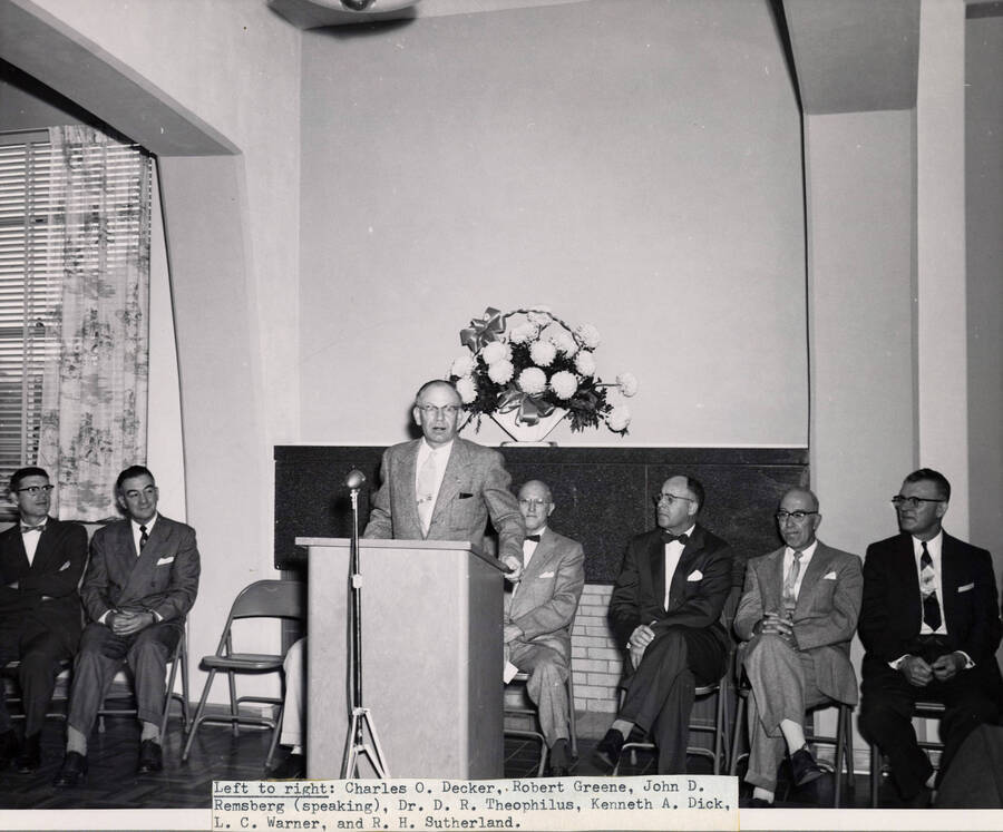 1955 photograph of the dedication of Gault Hall. Left to right: Charles O. Decker, Robert Greene, John D. Remsberg, D. R. Theophilus, Kenneth A. Dick, L.C. Warner, and R.H. Sutherland. [PG1_095-03]