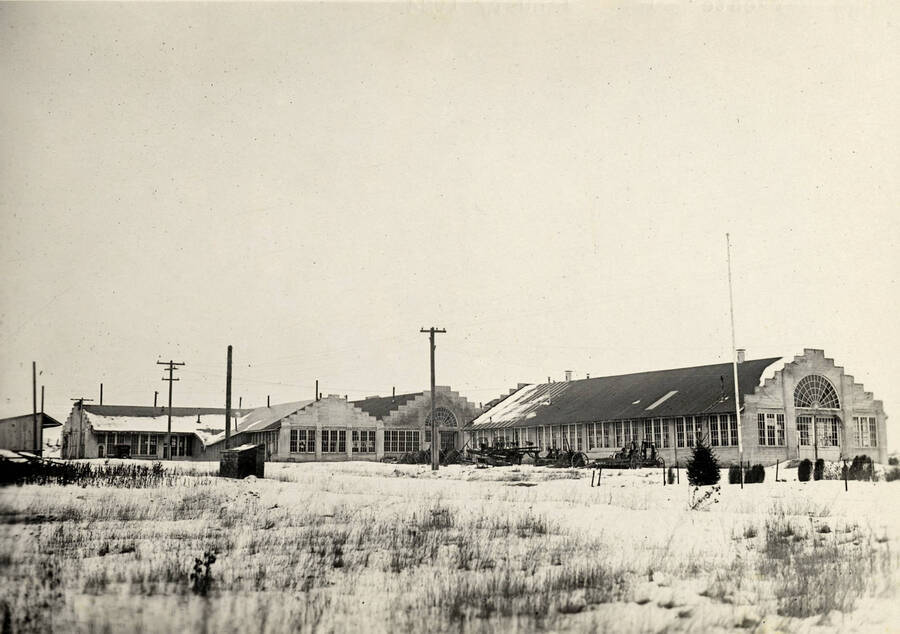 January 1, 1924 photograph of the Engineering laboratories. Snow covers the scene. [PG1_096-02]