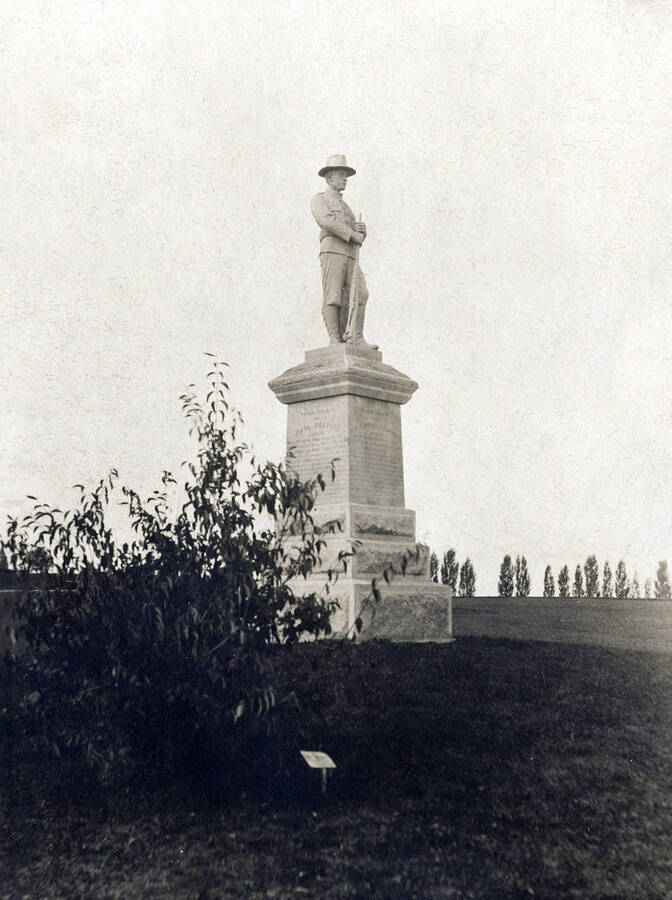1900 photograph of Spanish American War Memorial. Bush in foreground. [PG1_099-09]