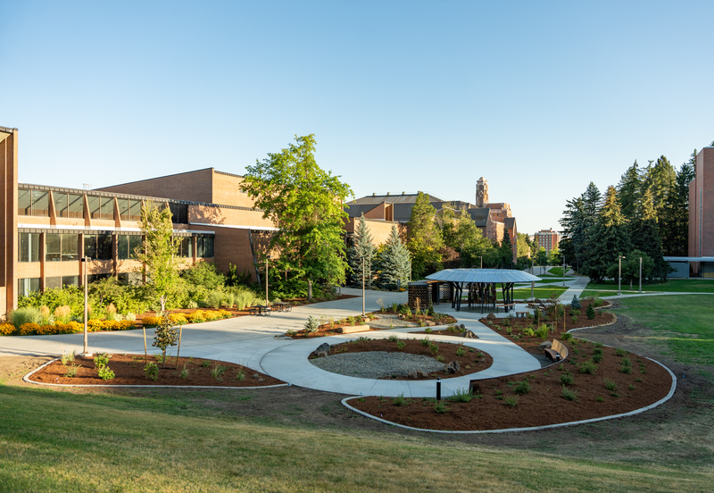 View of Vandala Healing Garden at the time of it's contstruction with the Academic Mall behind
