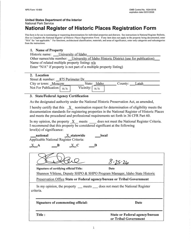 National Register of Historic Places Registration Form for the University of Idaho Historic District
