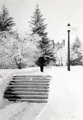 1935 photograph of the Hello Walk steps. Snow covers the scene.