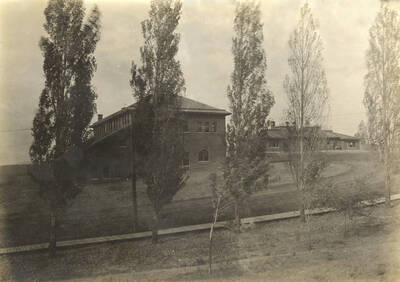 1915 photograph of the Mines Building. Trees and wood plank walkway in foreground. Donor: Don R. Besse.