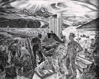 1950 photograph of Agricultural Science Building. Mural of various agricultural scenes.