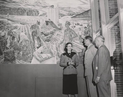 1950 photograph of Agricultural Science Building. Left to right: Mary Kirkwood, J. Buchanan, C.A. Robins.