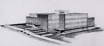 1956 illustration of the Library. Architect's rendering. Donor: Publications Dept.