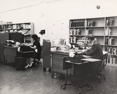 1957 photograph of the Library. Technical services department.
