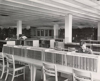 1957 photograph of the Library. Student studies at the right.