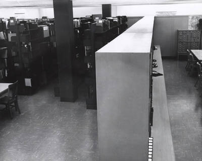 1963 photograph of the Library. Special Collections stacks to the left.