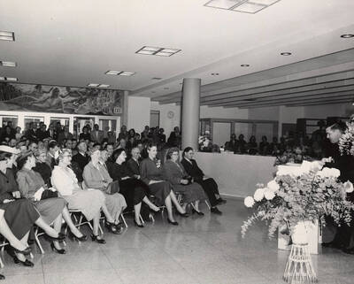 November 5, 1957 photograph of the Library dedication ceremony. Governor Smylie at lectern. Donor: Publications Dept.