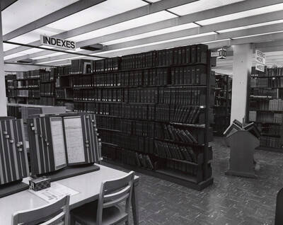1978 photograph of the Library. Indexes on shelves in foreground.