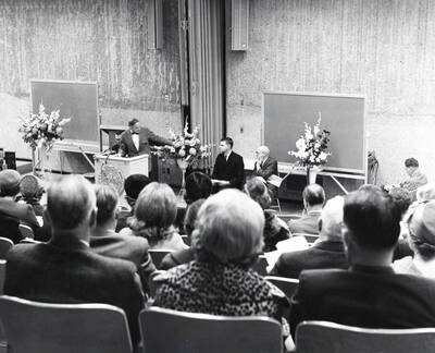 1965 photograph of the University Classroom Center dedication. President Hartung at lectern. Donor: Publications Dept.