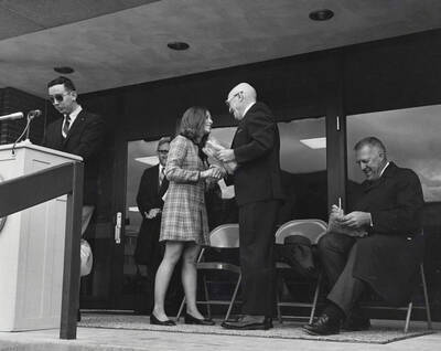 1969 photograph of the Donald R Theophilus Residence Hall dedication ceremony. Donor: Publications Dept.