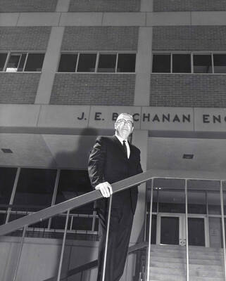 1969 photograph of the Buchanan Engineering Laboratory dedication. J.E. Buchanan in foreground.
