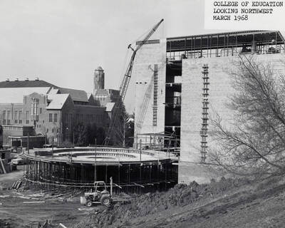 March 15, 1968 photograph of the Education Building under construction. Memorial Gym in background.