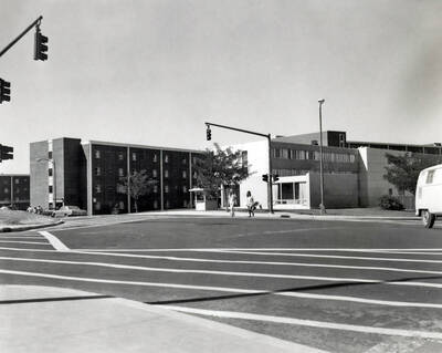 1970 photograph of the Wallace Residence Center. Students in foreground.
