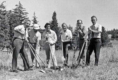 1972 photograph of the Hartung Theatre groundbreaking ceremony. Left to right: E.M. Chavez, O. Orrestad, R.L. Eiguren, E.W. Hartung, C.J. Bellamy, D. Johnston.