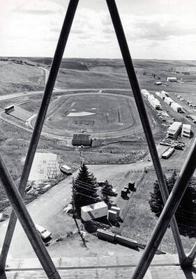 1975 photograph of the Kibbie-ASUI Activity Center under construction. View from inside the dome.