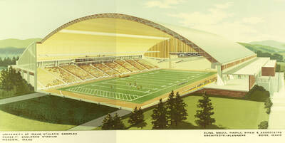 1971 illustration of the Kibbie-ASUI Activity Center. Architect's rendering. Donor: Athletic Dept.