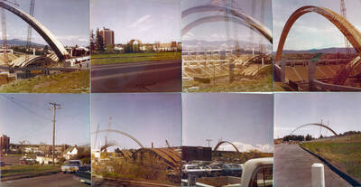 1975 photograph of the Kibbie ASUI Activity Center under construction. Eight photos taken as the dome was being built.