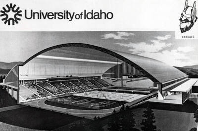 1973 illustration of the Kibbie-ASUI Activity Center under construction. Architect's rendering.
