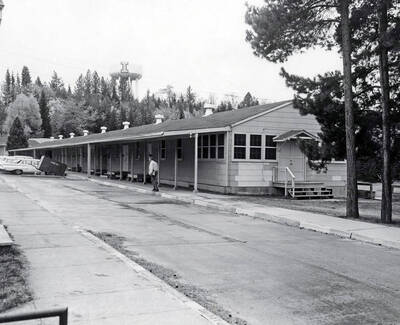 1967 photograph of Temporary Classroom Building #2. Water tower in background. Donor: Publications Dept.