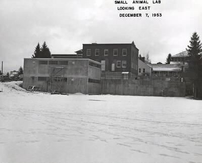 December 7, 1953 photograph of the Small Animal Research Laboratory under construction. Snow covers the scene. Donor: Publications Dept.