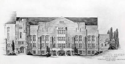 1950 illustration of the proposed Armory. Architect's rendering. Donor: Publications Dept.