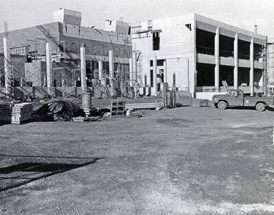 September 15, 1972 photograph of the Menard Law Building under construction. Truck in foreground.